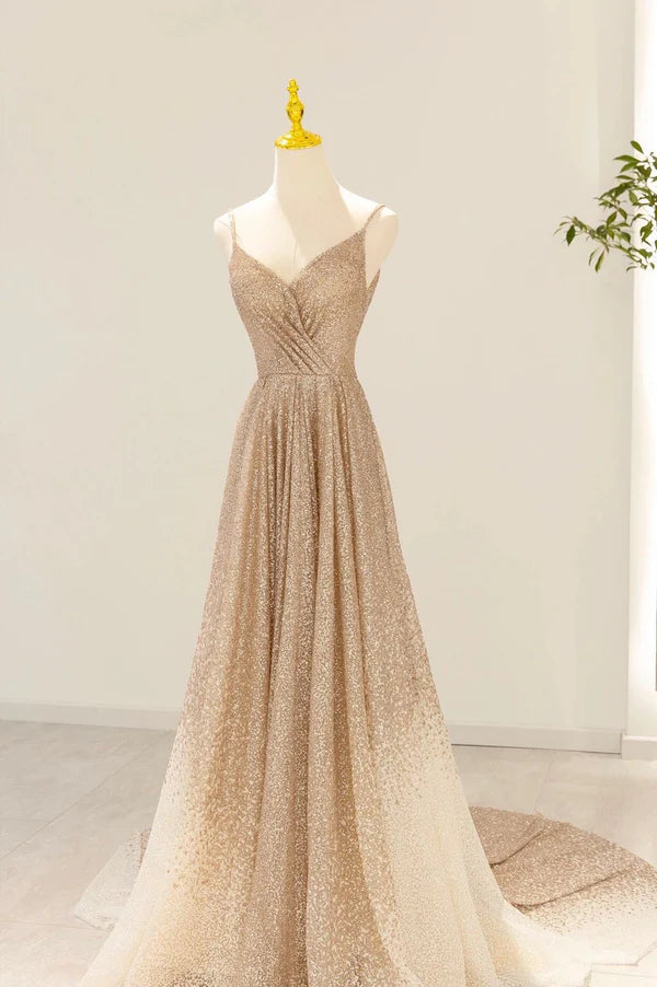 Wholesale Gold V-Neck Sequins Long Prom Dress Shiny A-Line Evening Formal Dress